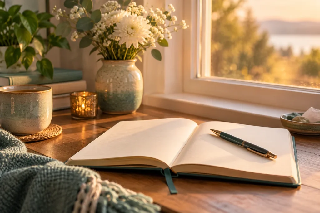 An open journal in warm light for reflecting after a reading